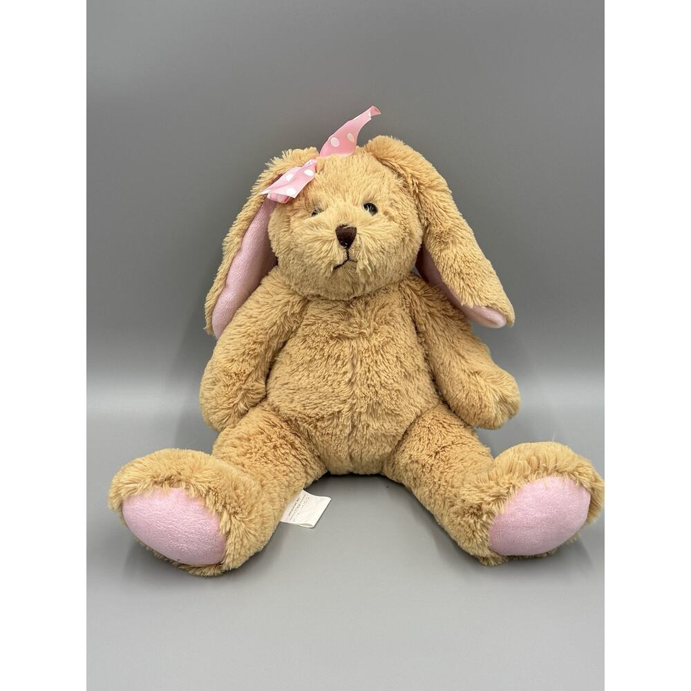 Tan Bunny Rabbit Sitting Plush W/ Pink Bow Inner Ears & Feet 11” Stuffed Animal‎